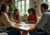Groupe de quatre adultes jouant à un jeu de société dans un salon chaleureux