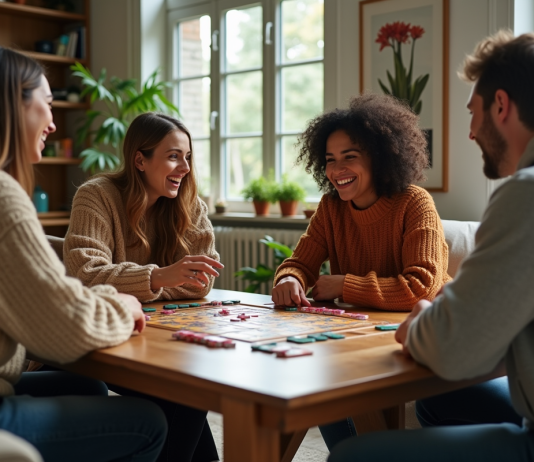 Groupe de quatre adultes jouant à un jeu de société dans un salon chaleureux