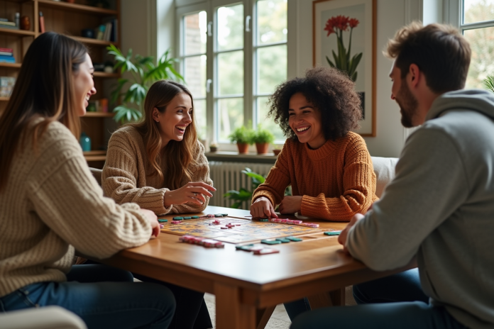 Groupe de quatre adultes jouant à un jeu de société dans un salon chaleureux