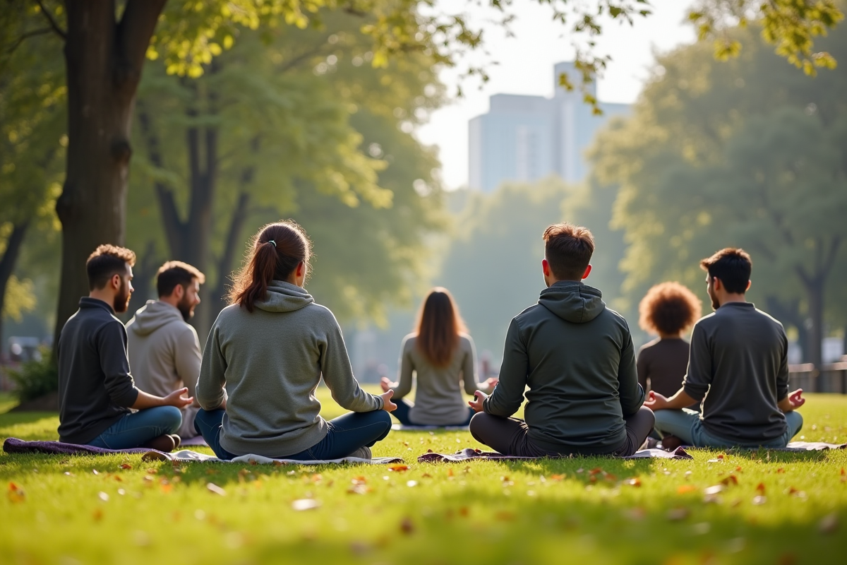 Groupe diversifié assis en cercle dans un parc urbain ensoleille