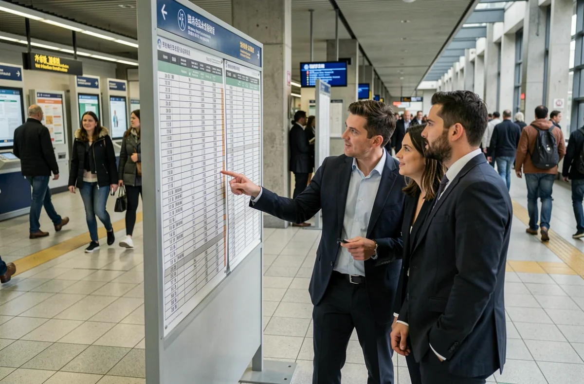 Groupe de navetteurs professionnels consultant ensemble un tableau horaire affiché dans le hall d'une gare de banlieue