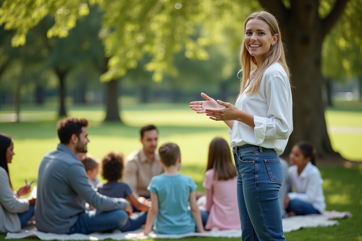 Counselrice en extérieur anime groupe de parents