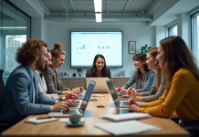 Groupe de professionnels divers travaillant en équipe dans un bureau moderne
