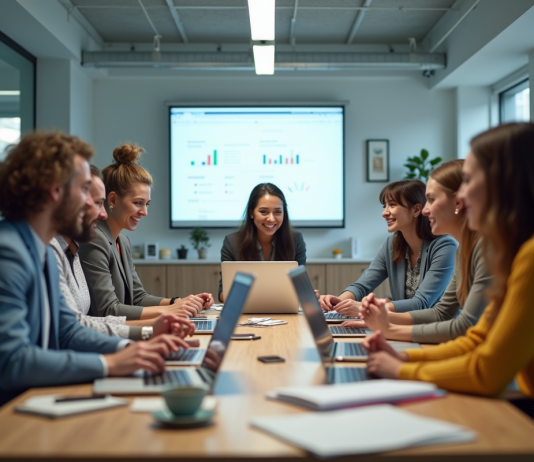 Groupe de professionnels divers travaillant en équipe dans un bureau moderne