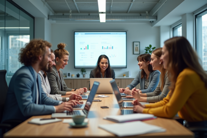 Groupe de professionnels divers travaillant en équipe dans un bureau moderne