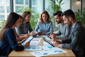 Groupe de professionnels en réunion dans un bureau lumineux
