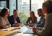 Groupe diversifié dans un espace coworking lumineux avec badges