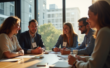 Groupe diversifié dans un espace coworking lumineux avec badges