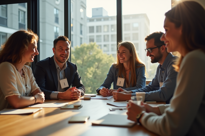 Groupe diversifié dans un espace coworking lumineux avec badges