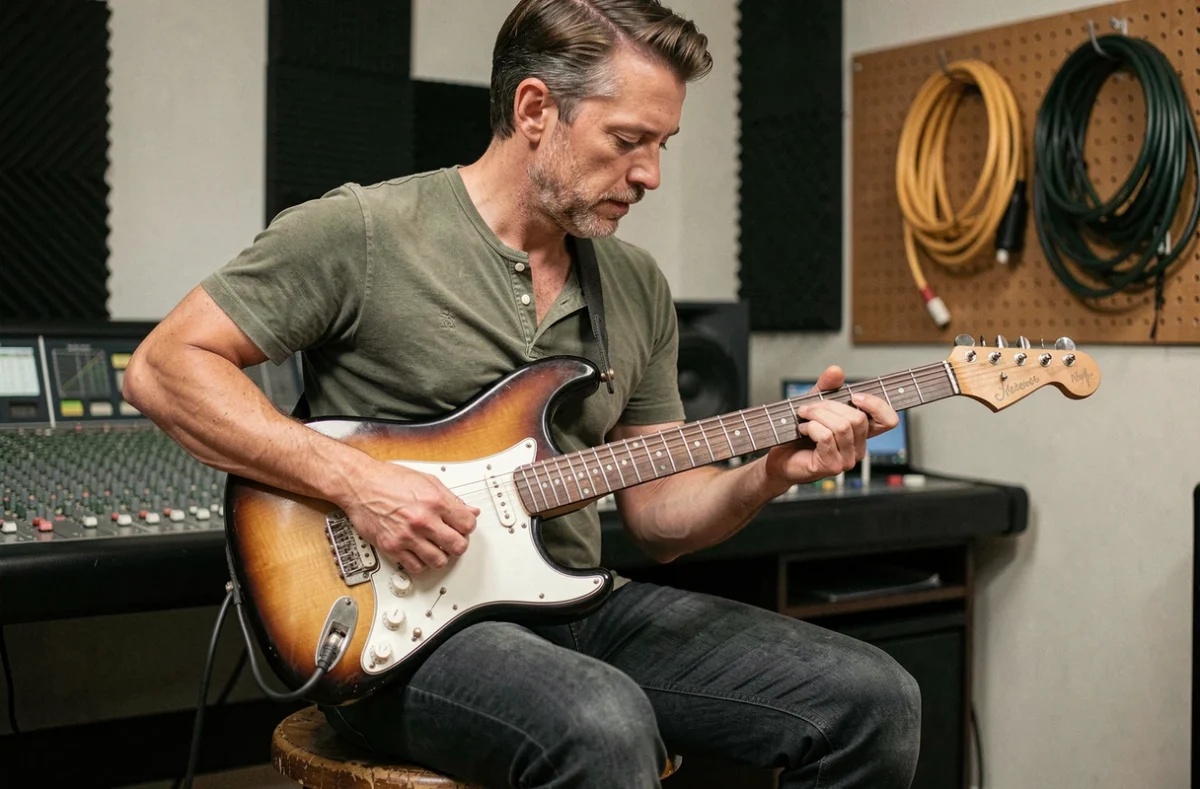 Guitariste jouant une Stratocaster HSS Sunburst avec micros Samarium Cobalt Noiseless en studio d'enregistrement