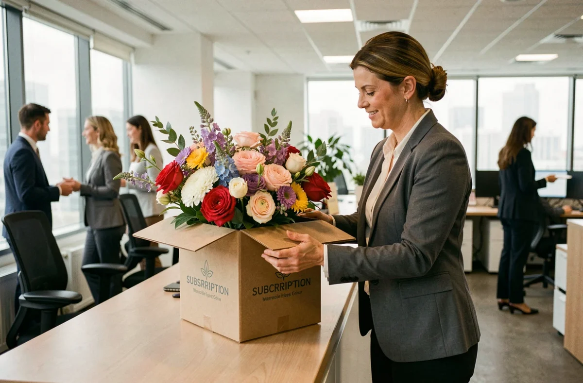 Abonnement floral Happy livré dans un bureau moderne avec une responsable déballer un arrangement de fleurs