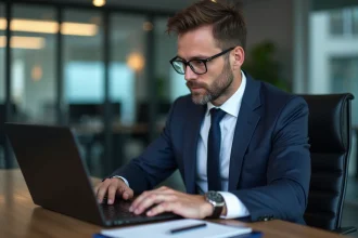 Homme d'affaires en costume bleu regardant son ordinateur