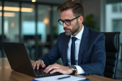 Homme d'affaires en costume bleu regardant son ordinateur