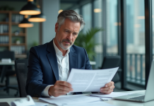 Homme d'affaires en costume navy examinant des documents financiers