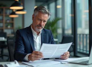 Optimisez votre trésorerie avec l’affacturage entreprise : avantages, coûts et meilleures pratiques Homme d'affaires en costume navy examinant des documents financiers