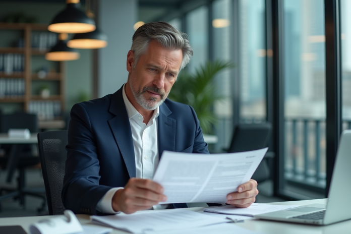 Homme d'affaires en costume navy examinant des documents financiers