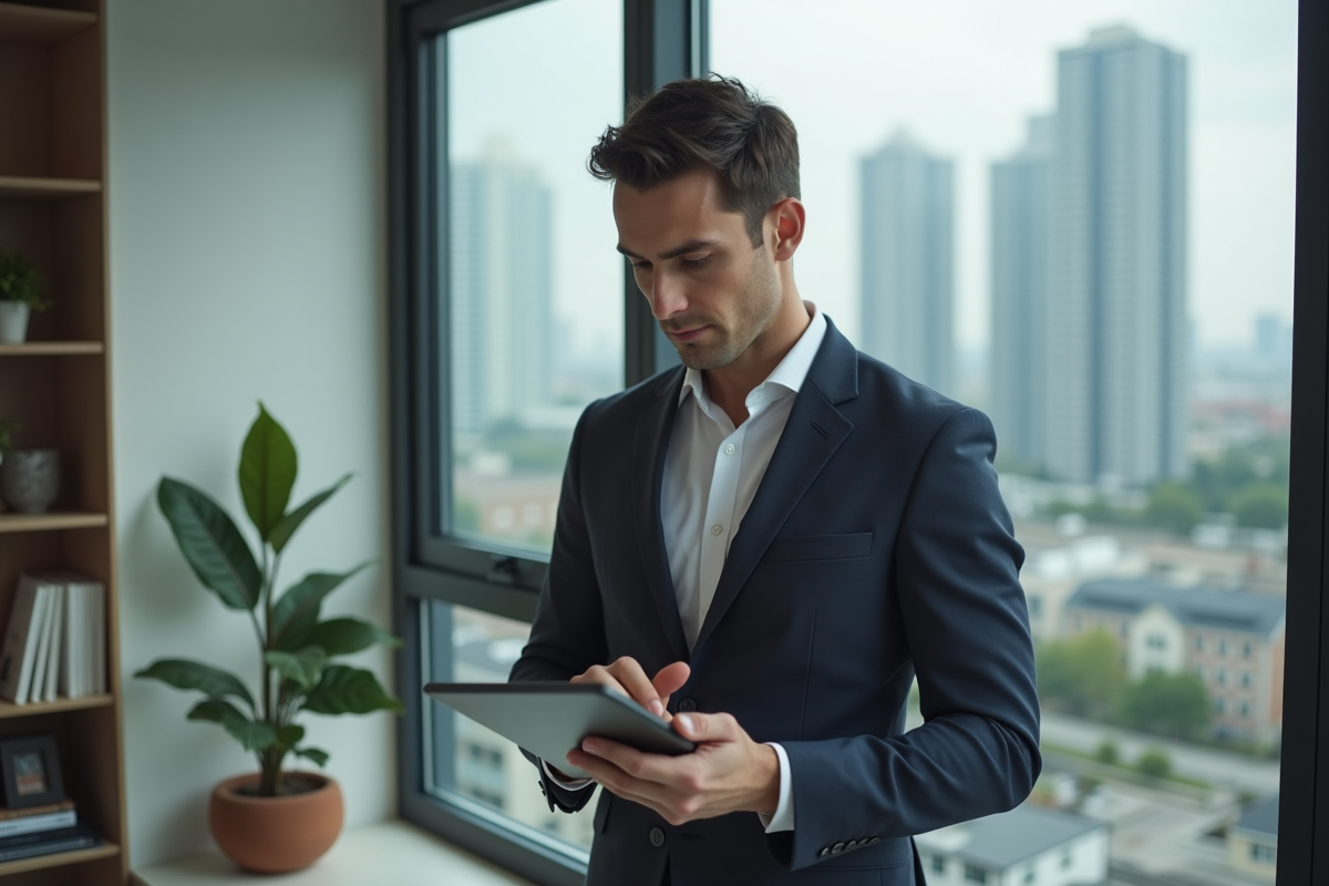 Jeune homme en costume analysant des annonces immobilières