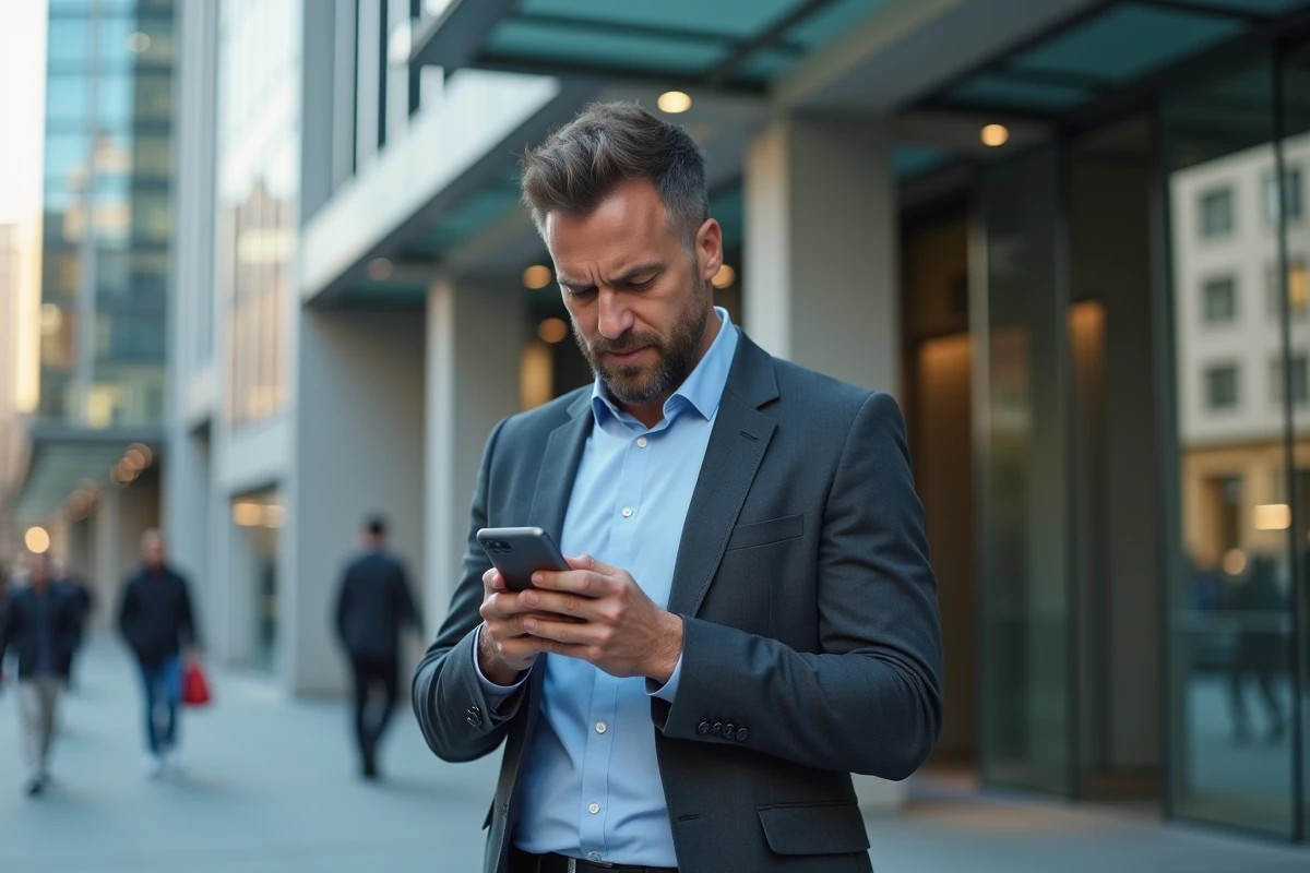 Homme d affaires regardant son smartphone dans la ville