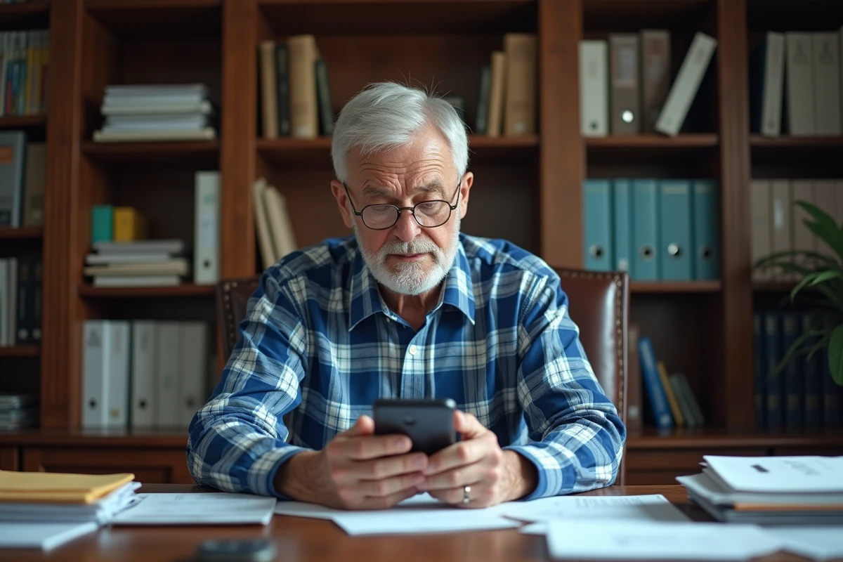 Homme âgé consultant son téléphone avec inquiétude devant des documents financiers, victime potentielle d'une arnaque au numéro 0683778003