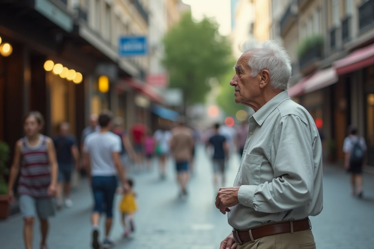 Homme âgé regardant des enfants jouer dans la rue urbaine