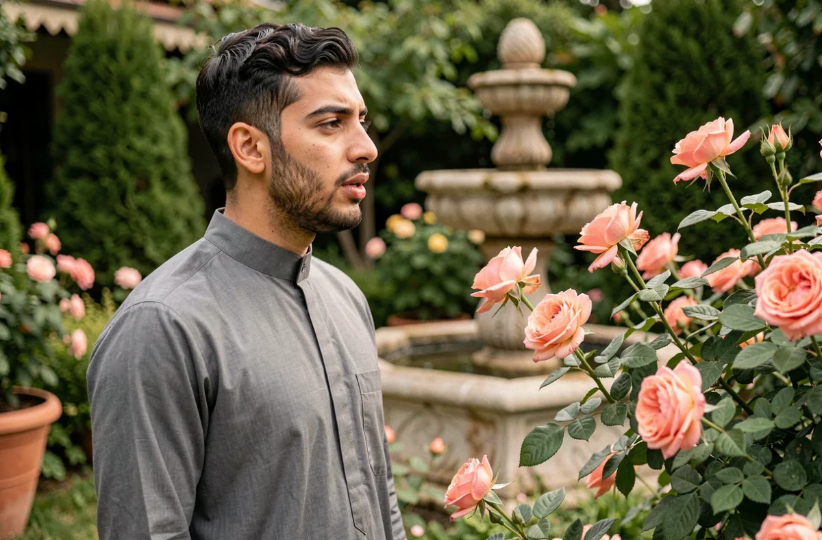 Jeune homme récitant Allahouma barik pour éviter la jalousie en admirant un jardin fleuri