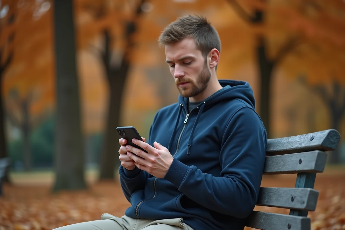 Homme consultant une application de chat par thématiques sur son smartphone assis sur un banc dans un parc en automne