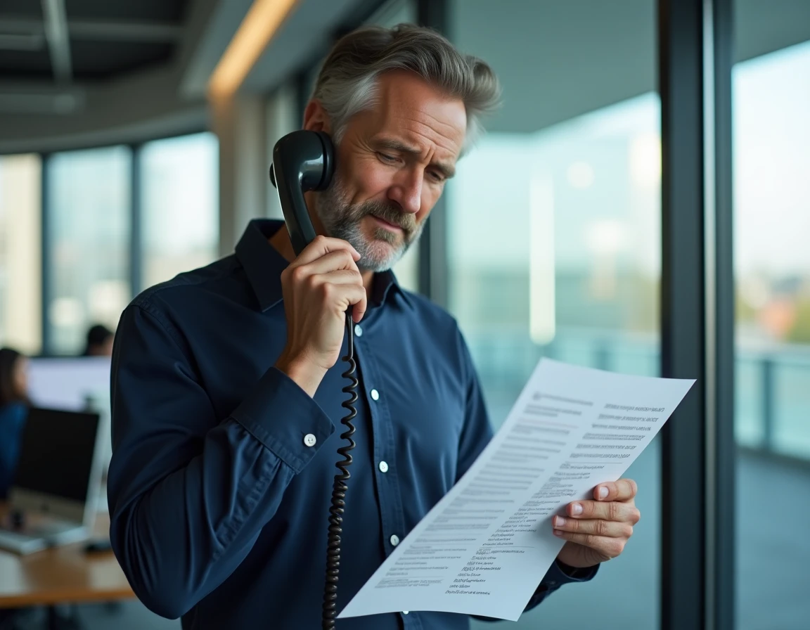 Homme en bureau composant un numéro de téléphone international avec indicatif pays