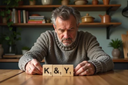 Homme d'âge moyen arrangeant des lettres Scrabble dans une cuisine chaleureuse