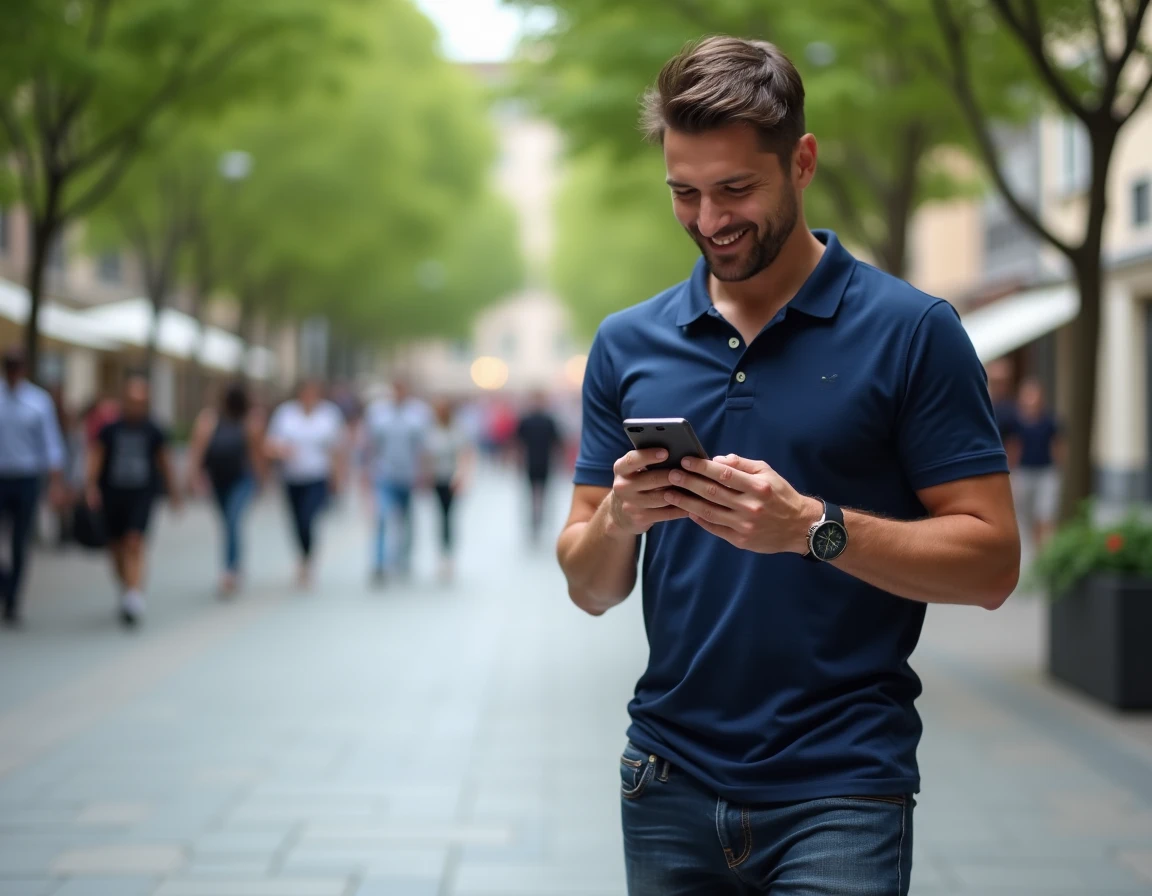 Homme consultant sa confirmation de réservation d'activité sur smartphone dans une place animée en ville