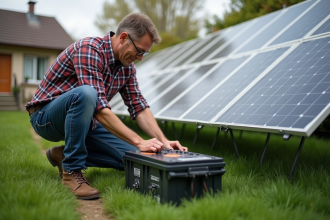Homme en jeans connectant batteries solaires dans jardin