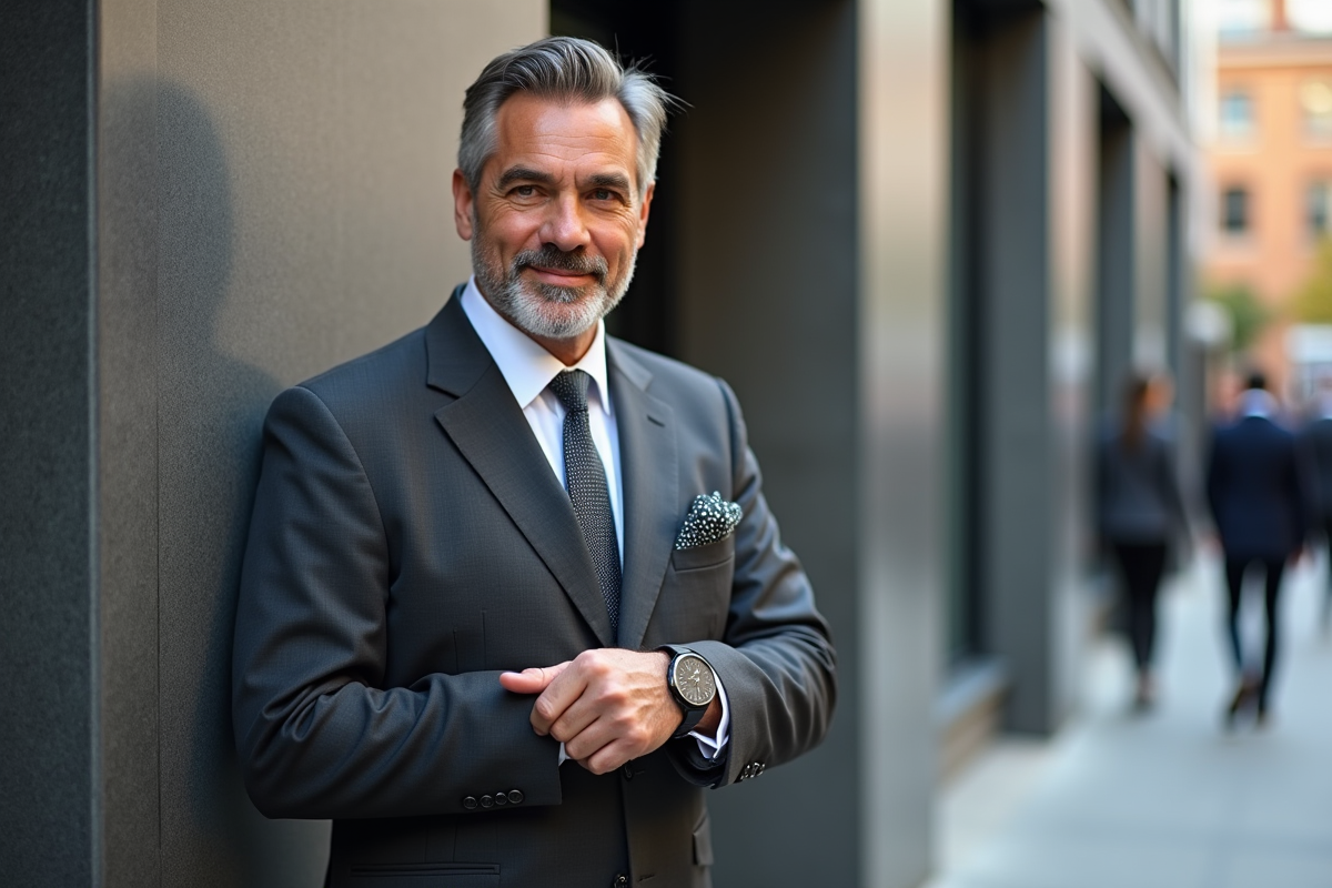 Homme en costume ajusté posant avec sa montre en ville