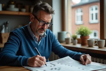 Homme d'âge moyen remplissant un puzzle dans une cuisine belge chaleureuse