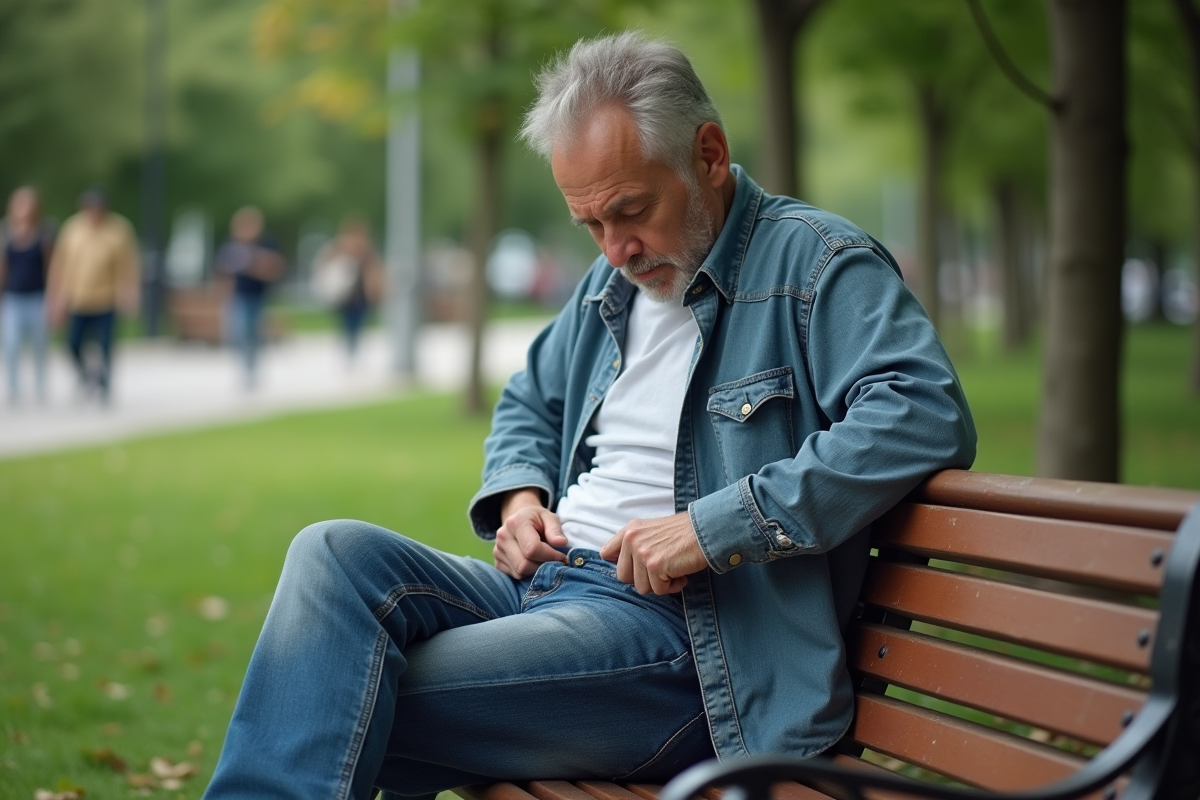 Homme assis sur un banc de parc ajustant ses jeans rigides