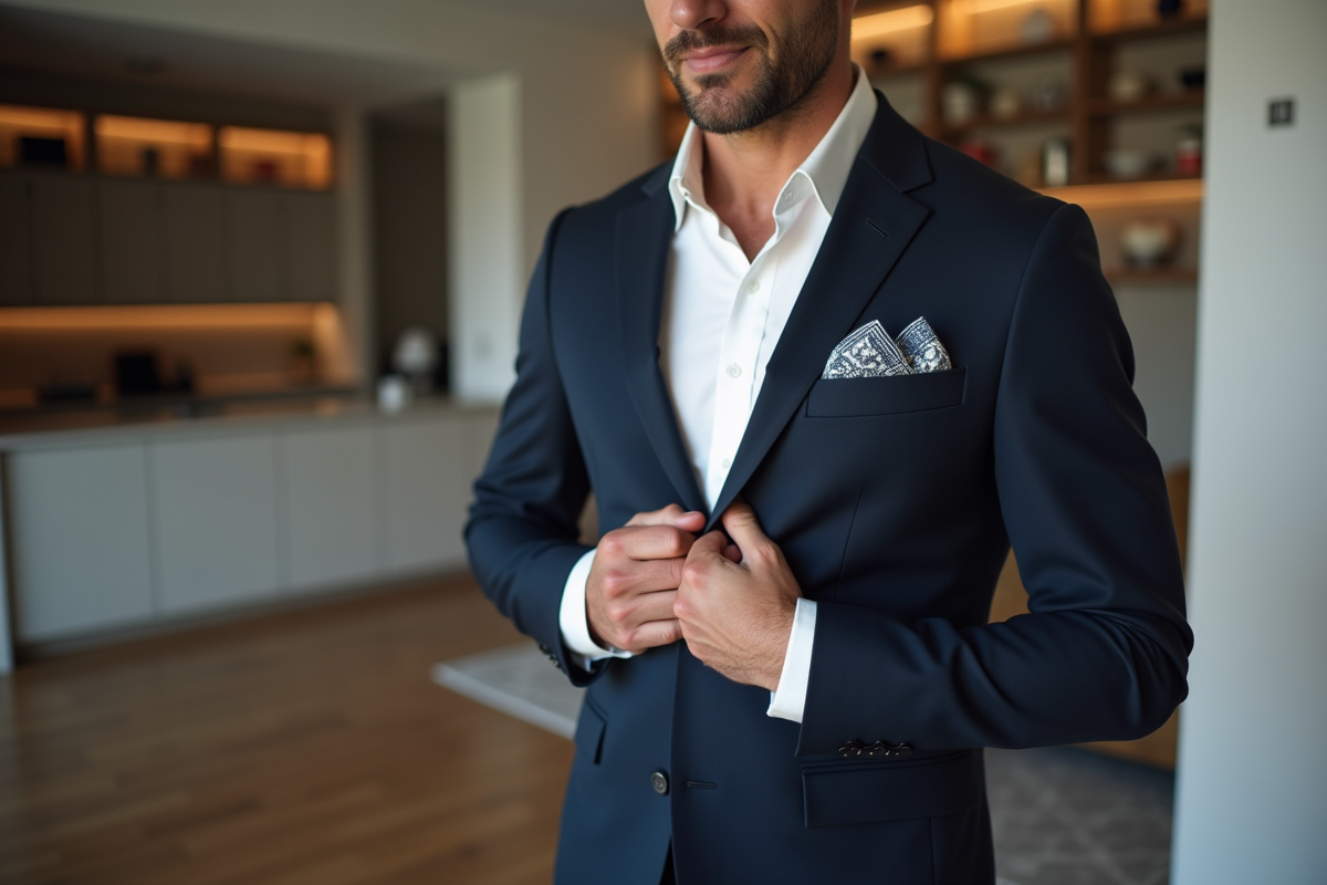 Homme en costume ajustant une pochette dans un intérieur moderne