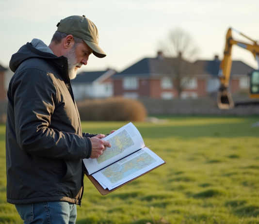Terrain constructible : Astuces pour vérifier si un terrain est constructible Homme d'âge moyen examinant un plan de terrain en extérieur