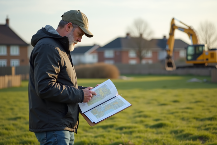 homme-examen-terrain Homme d'âge moyen examinant un plan de terrain en extérieur