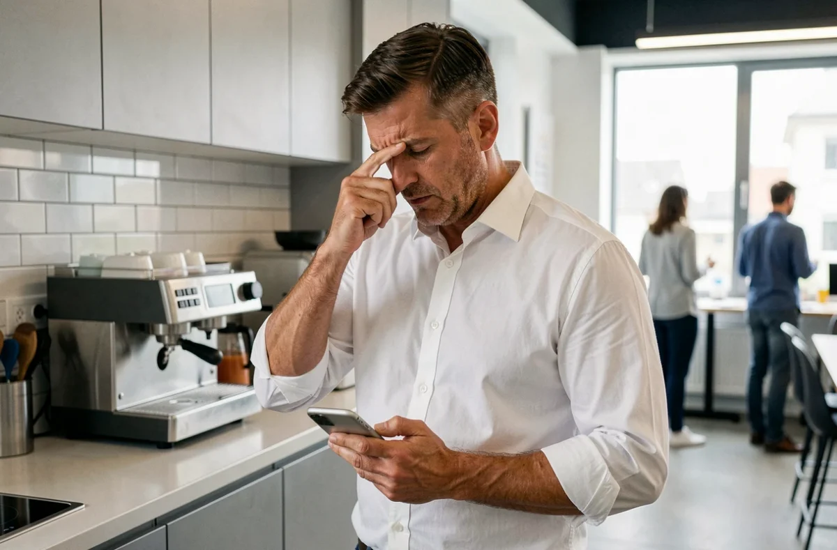 Homme exaspéré au téléphone avec un service client dans une cuisine de bureau moderne