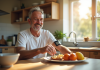 Homme avec moniteur de glucose au bras préparant un petit déjeuner
