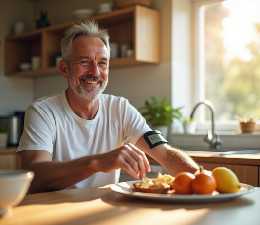 Homme avec moniteur de glucose au bras préparant un petit déjeuner