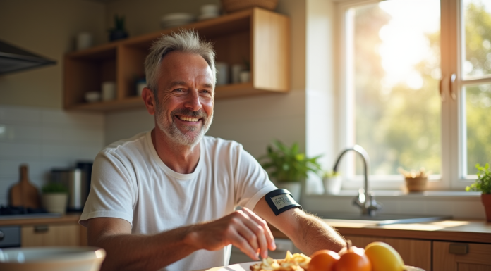 Homme avec moniteur de glucose au bras préparant un petit déjeuner