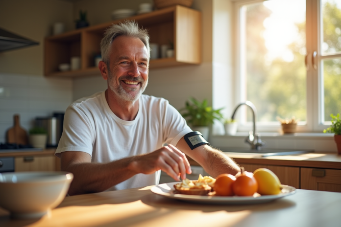 Homme avec moniteur de glucose au bras préparant un petit déjeuner