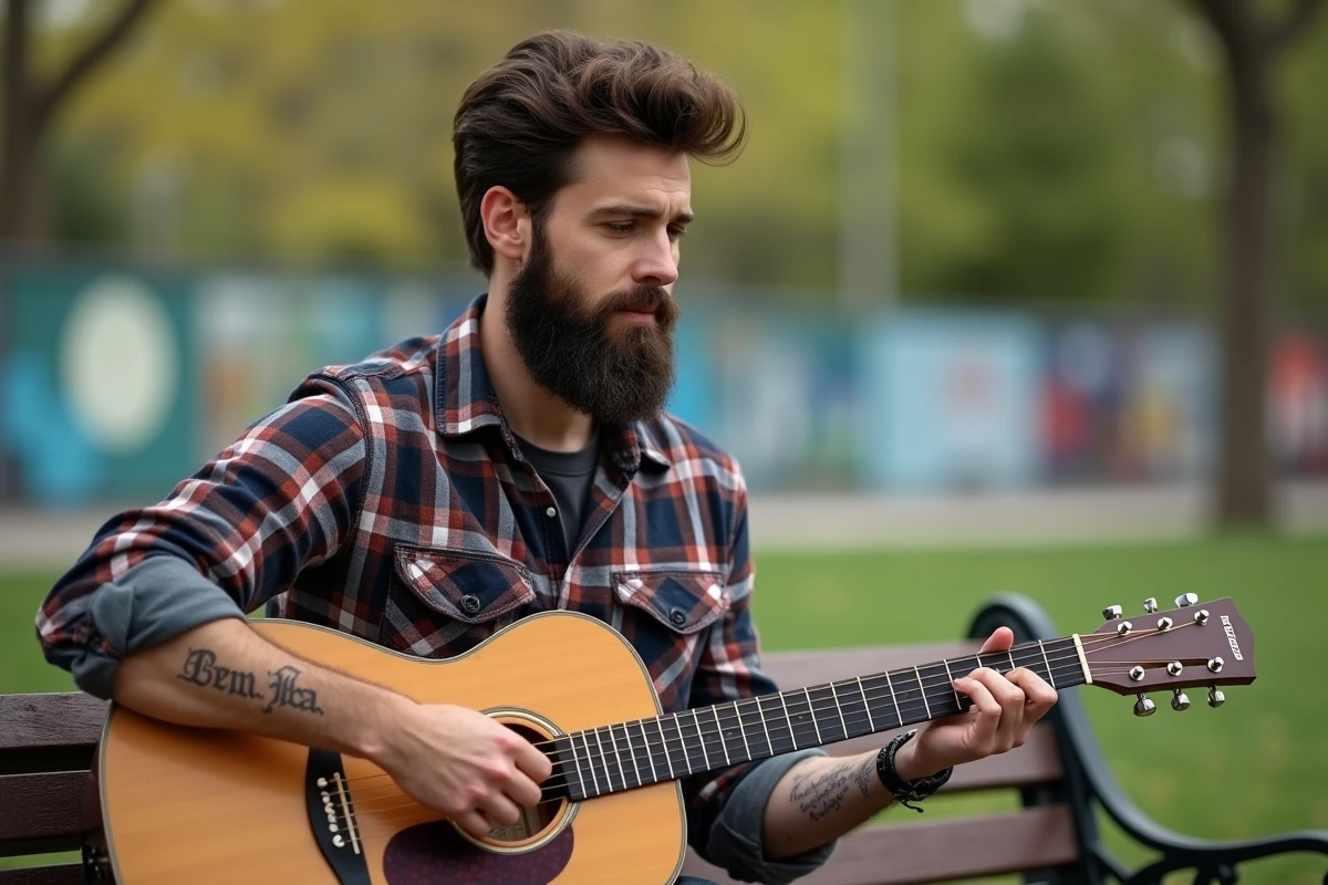 Homme jouant de la guitare avec tatouage de paroles dans un parc
