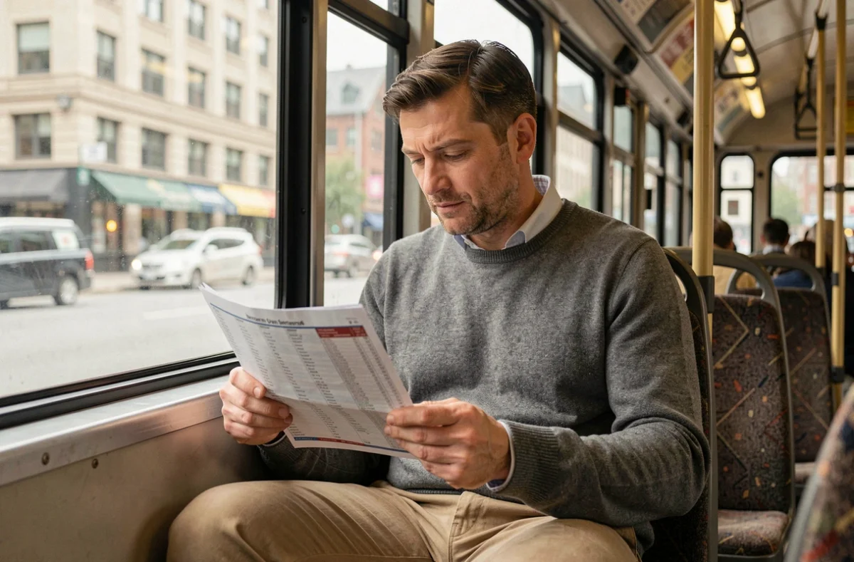 Homme en tenue professionnelle décontractée consultant un horaire imprimé à bord d'un bus de banlieue pendant son trajet quotidien