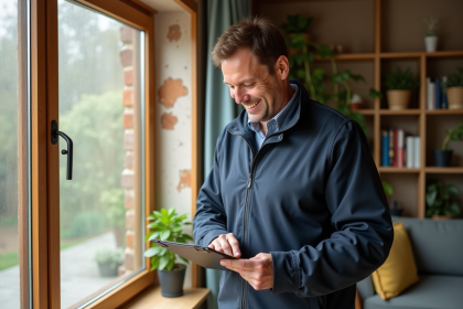 Homme vérifiant l'isolation d'une fenêtre dans une maison écologique