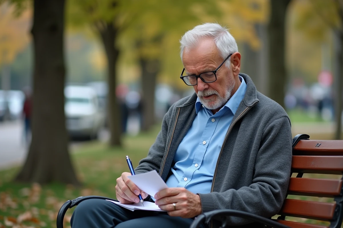 Homme âgé écrivant un poème dans un parc urbain