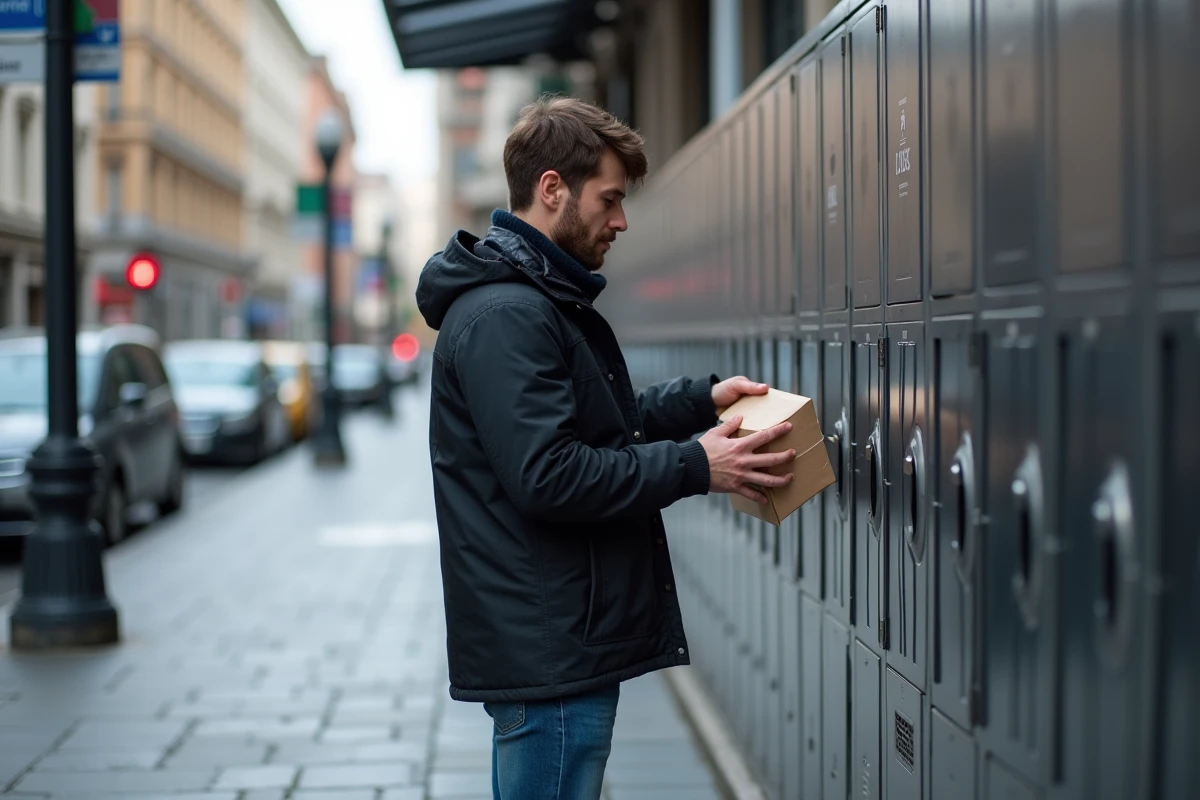 Jeune homme récupérant un colis à un locker extérieur