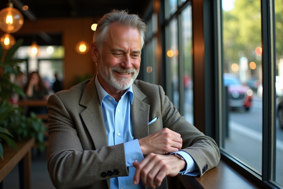 Homme d age en costume dans un café urbain avec reflet de la ville