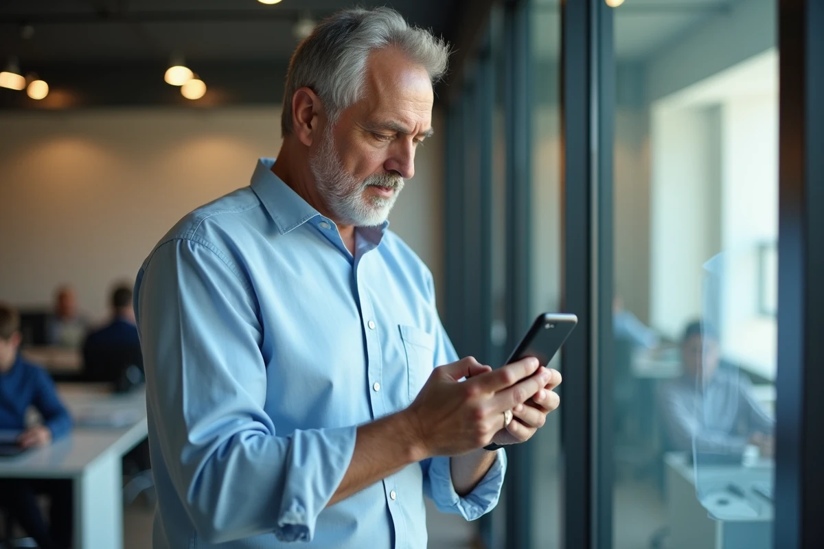 Homme en chemise bleue regardant un numéro inconnu sur son téléphone dans un environnement de bureau professionnel