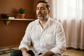 Homme musulman récitant une prière de protection contre la jalousie (ayin) à la maison, les yeux fermés sur un tapis de prière