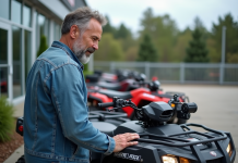 Prix d’un quad neuf : quels critères influencent le coût Homme d'âge moyen examinant un quad neuf en concession